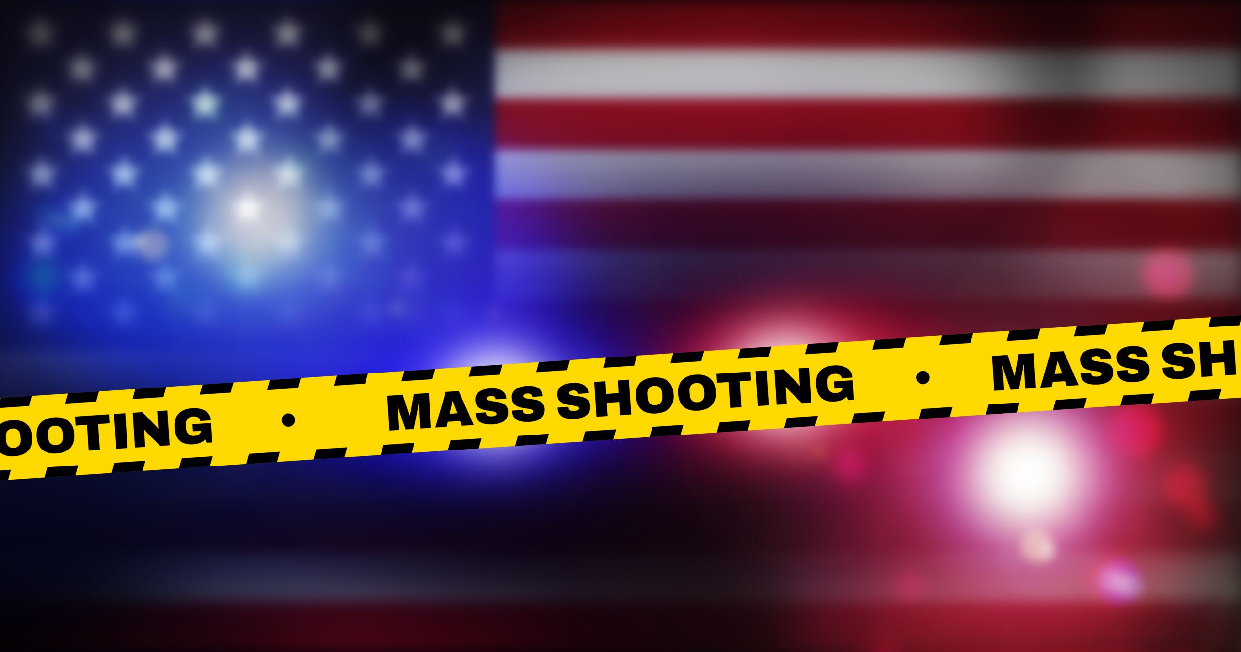 Mass Shooting in the United States of America, background design with police lights and yellow typography on it. Increased mass shootings concept backdrop