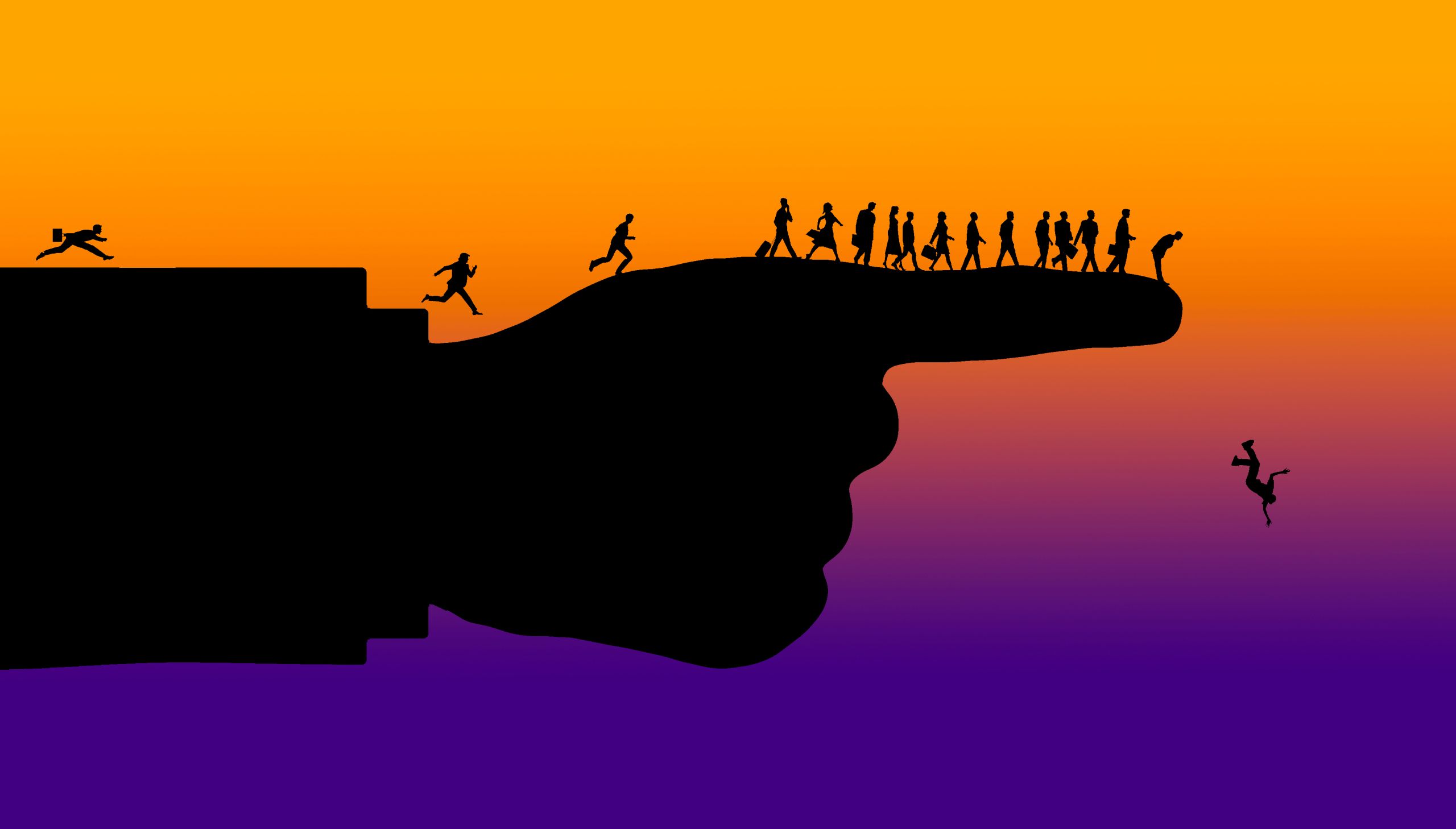 People line up to sacrifice themselves in an illustration about group mentality, foolish group behaviors and politics.