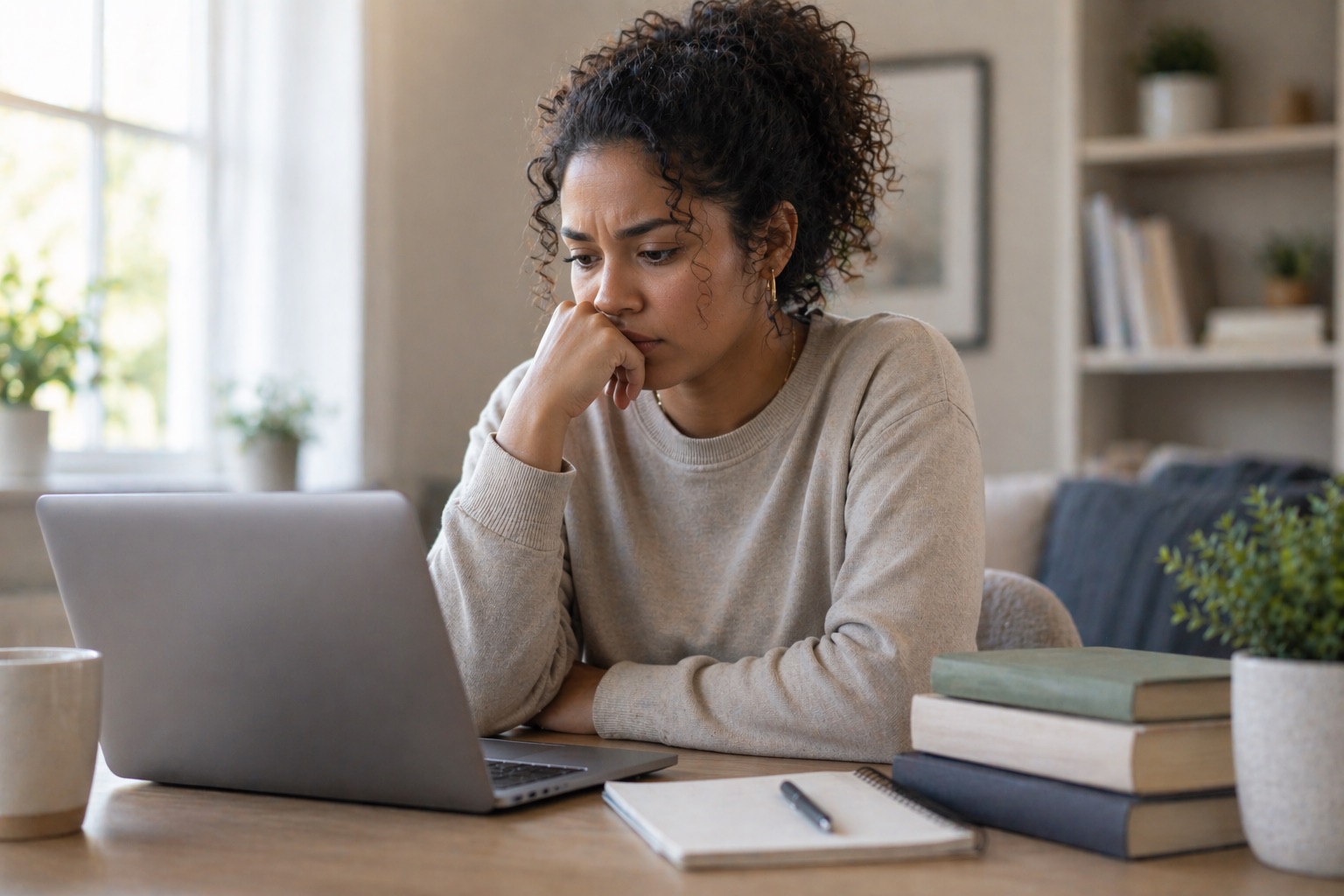 Woman with curly hair looking thoughtfully at a laptop in a softly lit home setting.