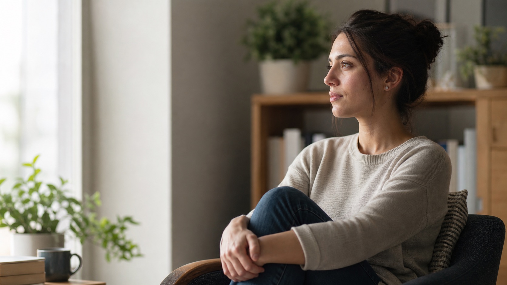 Adult sitting quietly near a window, reflecting on trauma and mental health in a calm, supportive setting.