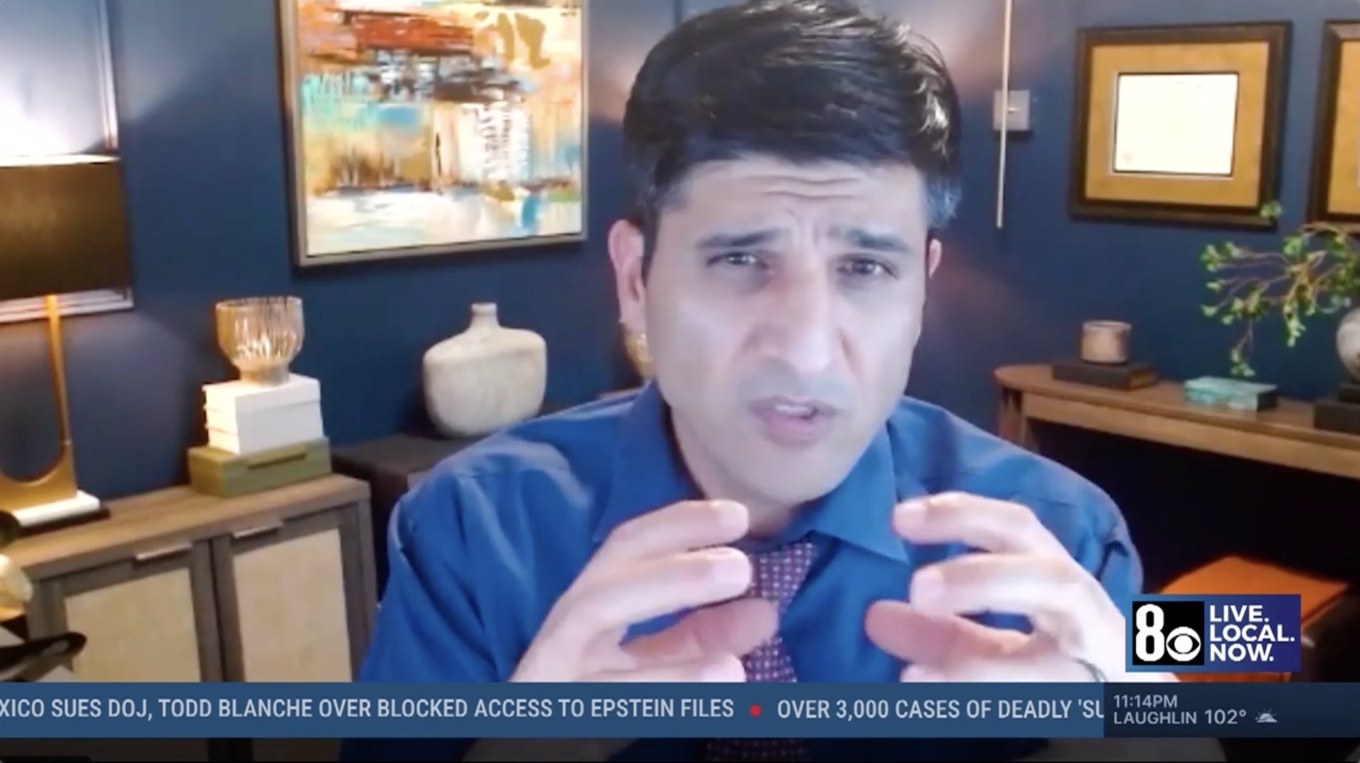 Dr. Sid Khurana discussing first responder grief and trauma on 8 News Now