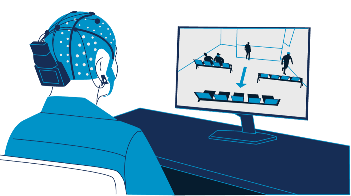 Illustration of a person wearing an EEG cap while using the PRISM computer simulation